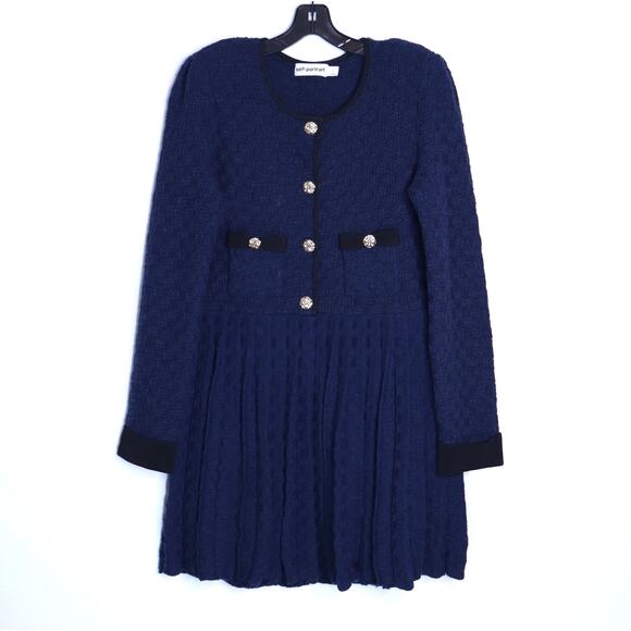 SELF-PORTRAIT Weave Knit Mini Dress Navy Tweed Metallic Long Sleeve Women's L - Picture 2 of 15